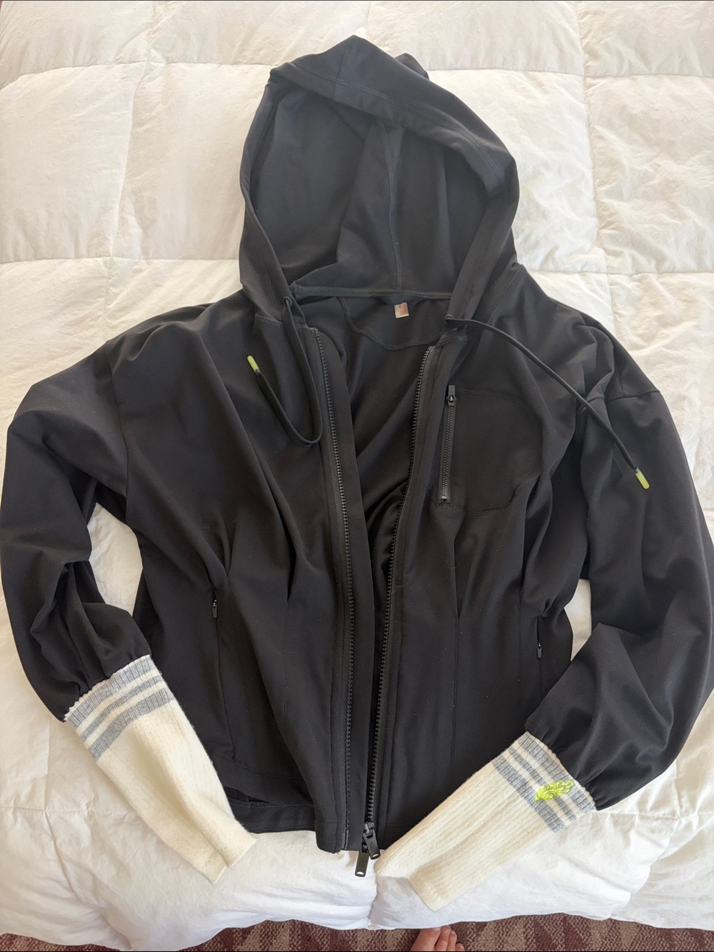 FP Movement by Free People Black Hooded Bomber Jacket with Cream Contrast Cuffs
